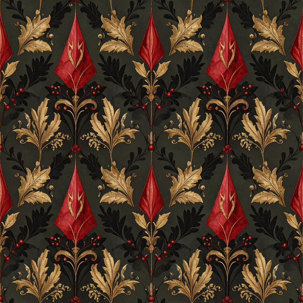 forest green, gold, red, burgundy, black, damask, floral, ornamental, victorian, traditional, elegant, botanical, leaves, oak leaves, berries, scrolls, ornate, vintage, classic, formal, sophisticated, holiday, christmas, festive, luxury, regal, baroque, jacquard, decorative, nature-inspired