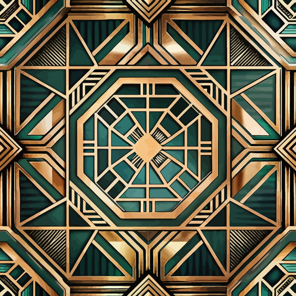 emerald green, gold, bronze, copper, art deco, geometric pattern, octagonal design, symmetrical, angular lines, metallic accents, vintage style, 1920s inspired, luxurious, ornate details,, fabric panel, decorative motifs, layered geometry, sophisticated palette, opulent design