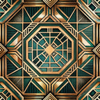 emerald green, gold, bronze, copper, art deco, geometric pattern, octagonal design, symmetrical, angular lines, metallic accents, vintage style, 1920s inspired, luxurious, ornate details,, fabric panel, decorative motifs, layered geometry, sophisticated palette, opulent design