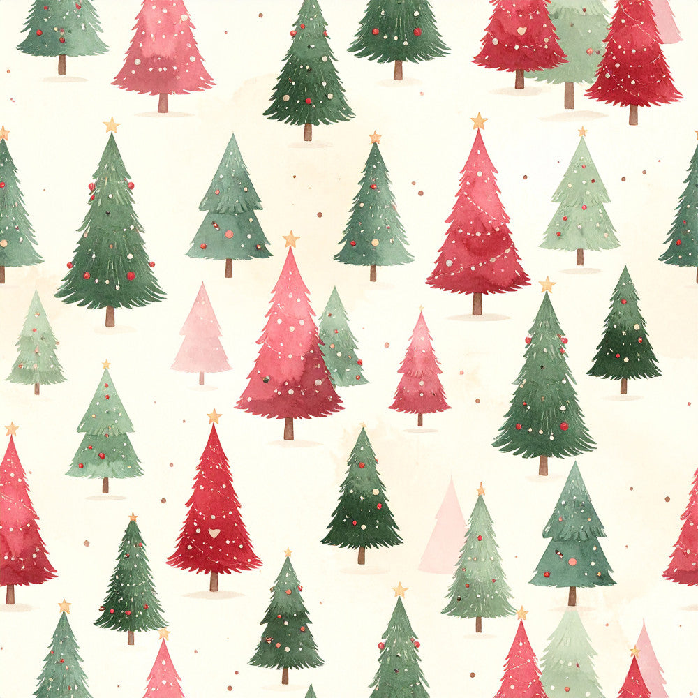 christmas trees, holiday, festive, winter, forest green, sage green, dusty rose, coral pink, cream, red, ornaments, baubles, stars, gold stars, decorations, whimsical, cheerful, children's, kids, nursery, playroom, nature, evergreen, classic christmas, traditional holiday, cute, charming, hand-painted style, watercolor effect