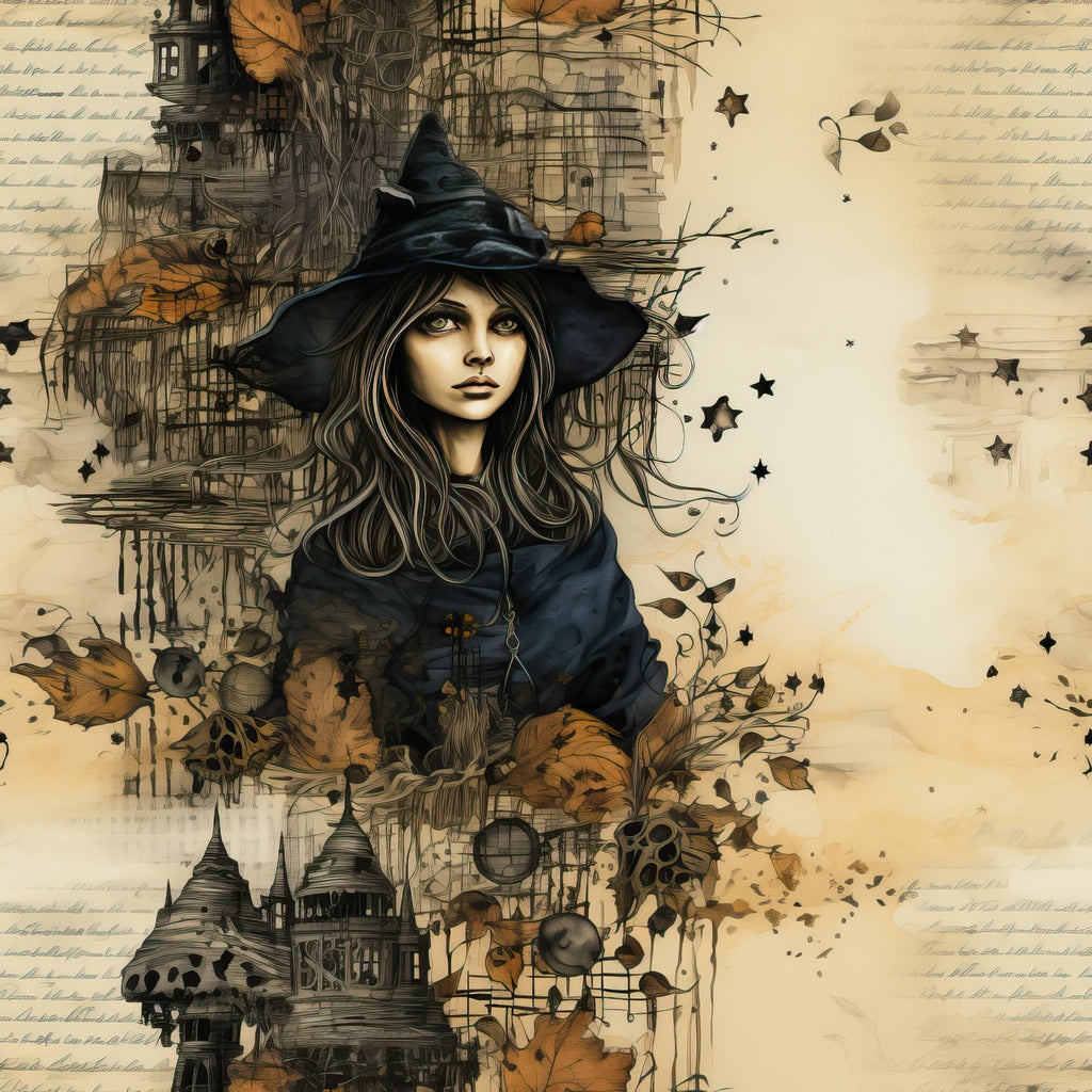 witch, halloween, autumn leaves, black hat, gothic castle, sepia tones, beige background, orange accents, dark blue robes, mystical stars, vintage illustration, spooky architecture, flowing hair, magical theme,, fabric panel, seasonal design, gothic style, witch portrait, autumn colors