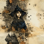 witch, halloween, autumn leaves, black hat, gothic castle, sepia tones, beige background, orange accents, dark blue robes, mystical stars, vintage illustration, spooky architecture, flowing hair, magical theme,, fabric panel, seasonal design, gothic style, witch portrait, autumn colors