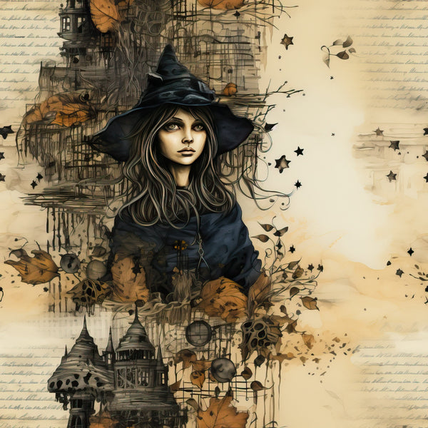 witch, halloween, autumn leaves, black hat, gothic castle, sepia tones, beige background, orange accents, dark blue robes, mystical stars, vintage illustration, spooky architecture, flowing hair, magical theme,, fabric panel, seasonal design, gothic style, witch portrait, autumn colors