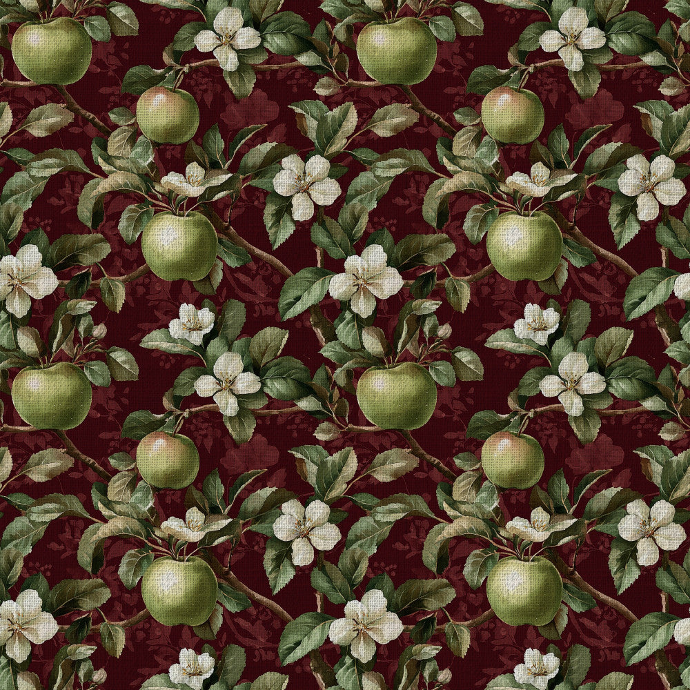 burgundy, wine red, forest green, sage green, cream, ivory, floral, botanical, apples, apple orchard, blossoms, white flowers, vintage, traditional, elegant, rustic, farmhouse, nature, garden, fruit, spring, summer, orchard theme, classic, timeless, cottage core, heritage, pastoral, detailed illustration