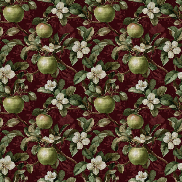 burgundy, wine red, forest green, sage green, cream, ivory, floral, botanical, apples, apple orchard, blossoms, white flowers, vintage, traditional, elegant, rustic, farmhouse, nature, garden, fruit, spring, summer, orchard theme, classic, timeless, cottage core, heritage, pastoral, detailed illustration