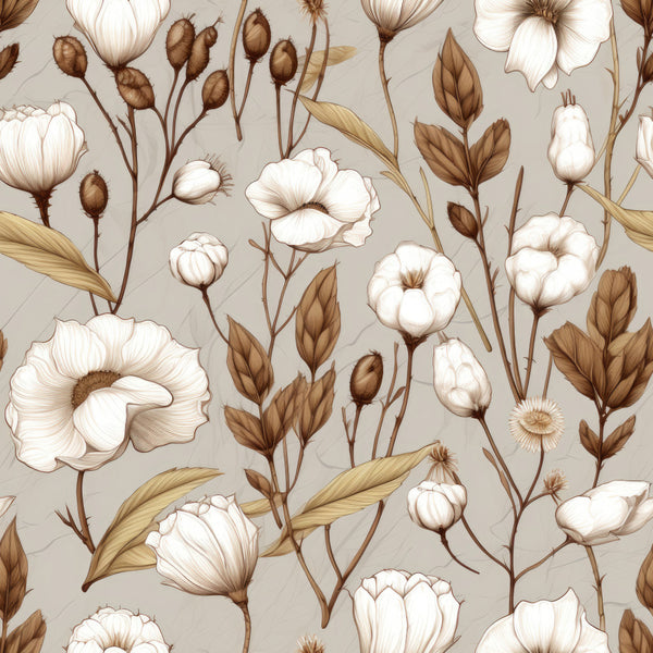 cream white, taupe, beige, brown, tan, gold, floral, botanical, flowers, roses, buds, leaves, vintage, elegant, rustic, nature, garden, spring, summer, romantic, feminine, delicate, line drawing, botanical illustration, traditional, cottage core, farmhouse, nursery, baby, timeless