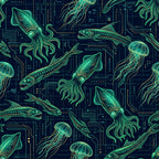 neon green, lime green, navy blue, dark navy, yellow-green, electric green, glow-in-the-dark aesthetic, ocean creatures, deep sea, jellyfish, squid, fish, futuristic, cyberpunk, tech-inspired, circuit board, digital, neon glow, bioluminescent, steampunk, sci-fi, science fiction, underwater, marine life, otherworldly, modern geometric, techno, playroom, kids room, adventure theme