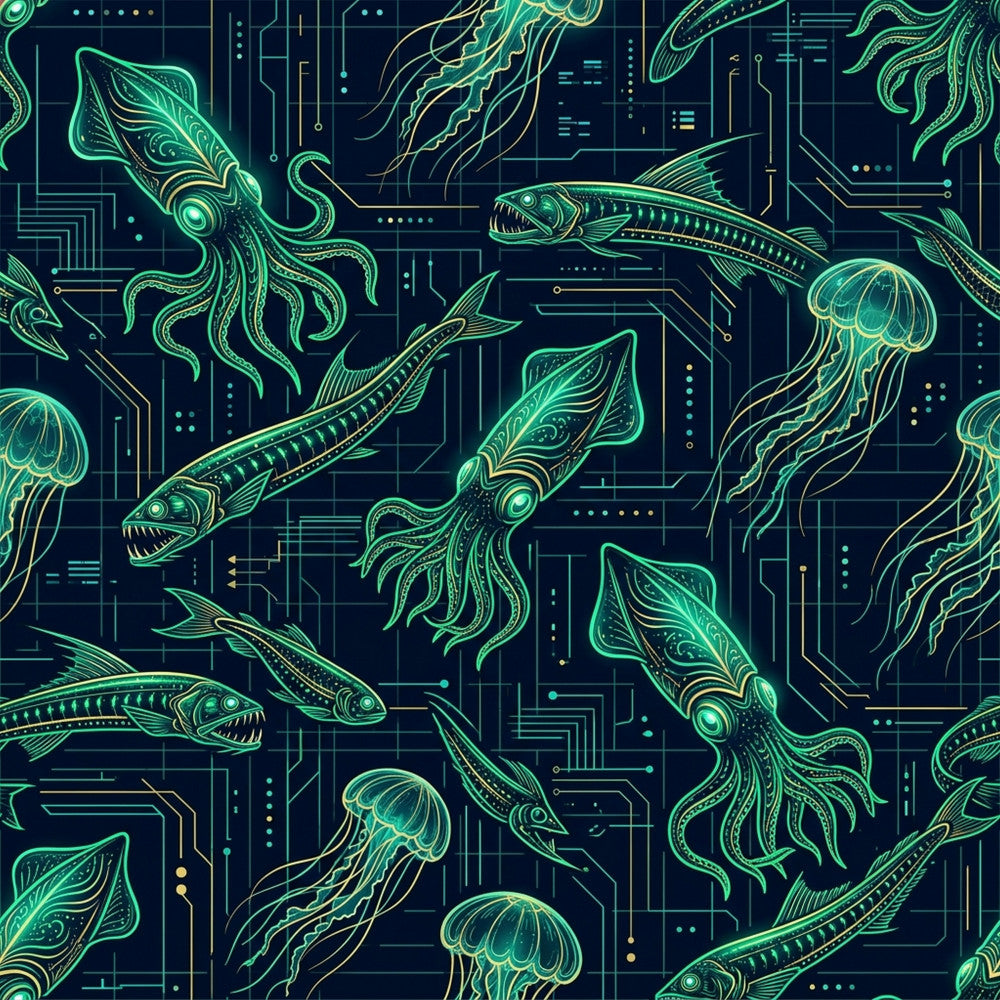 neon green, lime green, navy blue, dark navy, yellow-green, electric green, glow-in-the-dark aesthetic, ocean creatures, deep sea, jellyfish, squid, fish, futuristic, cyberpunk, tech-inspired, circuit board, digital, neon glow, bioluminescent, steampunk, sci-fi, science fiction, underwater, marine life, otherworldly, modern geometric, techno, playroom, kids room, adventure theme