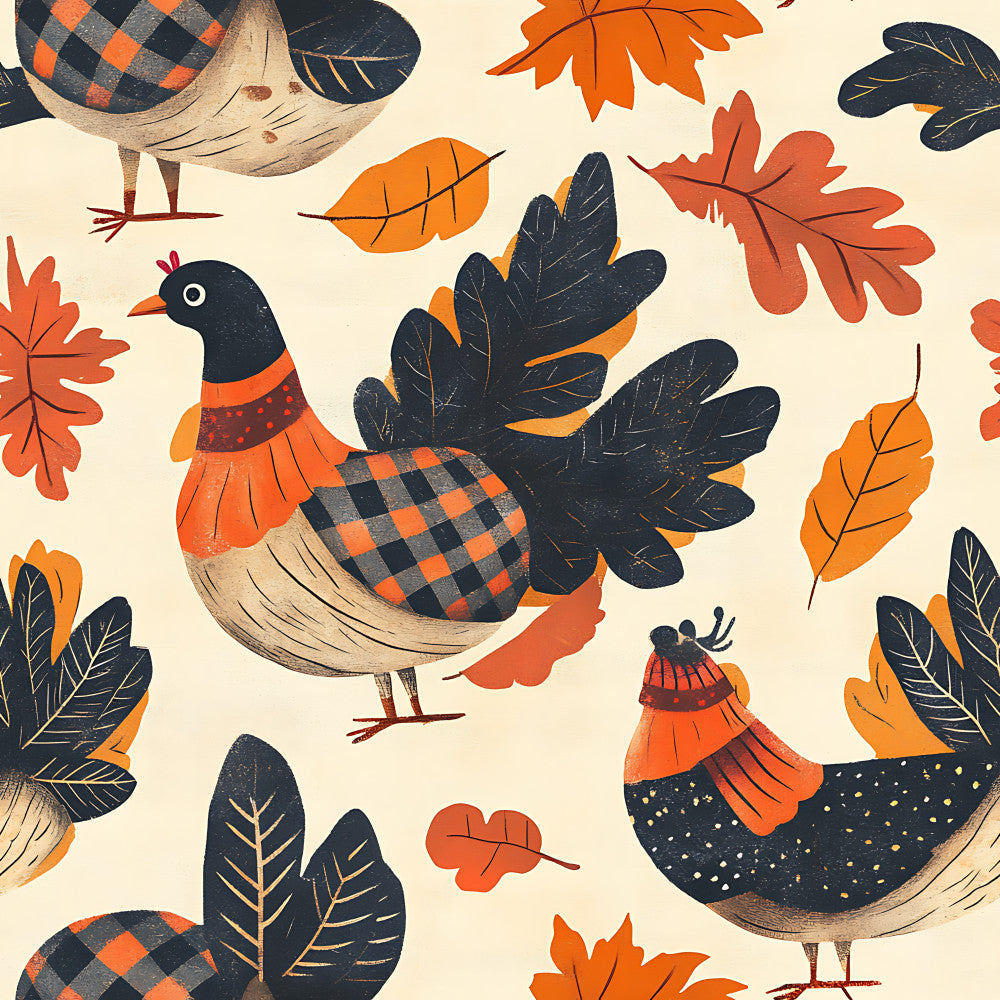 autumn birds, fall leaves, orange, navy blue, cream, rust red, argyle pattern, plaid pattern, whimsical, cozy, harvest theme, thanksgiving, woodland animals, feathered friends, nature inspired, rustic style, vintage aesthetic, children's design, playroom decor, kids room, farmhouse style, fall foliage, seasonal design, charming illustration, folk art, decorative birds, warm colors, autumn harvest, cheerful pattern