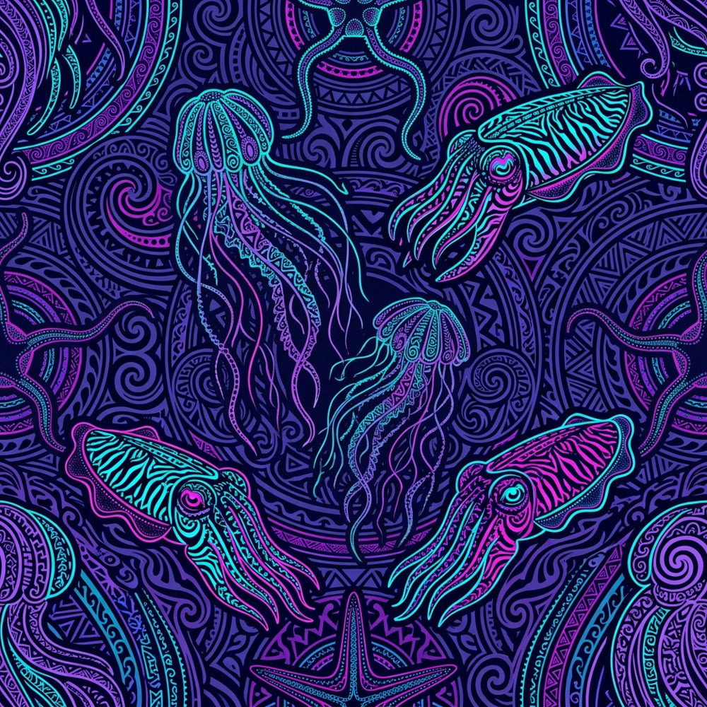 neon cyan, hot pink, magenta, electric purple, deep purple, navy blue, jellyfish, squid, octopus, ocean creatures, marine life, nautical, psychedelic, neon, fluorescent, glow in the dark, cosmic, space, underwater, bioluminescent, intricate patterns, detailed designs, bohemian, mystical, whimsical, artistic, contemporary, modern, vibrant, bold colors
