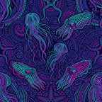 neon cyan, hot pink, magenta, electric purple, deep purple, navy blue, jellyfish, squid, octopus, ocean creatures, marine life, nautical, psychedelic, neon, fluorescent, glow in the dark, cosmic, space, underwater, bioluminescent, intricate patterns, detailed designs, bohemian, mystical, whimsical, artistic, contemporary, modern, vibrant, bold colors