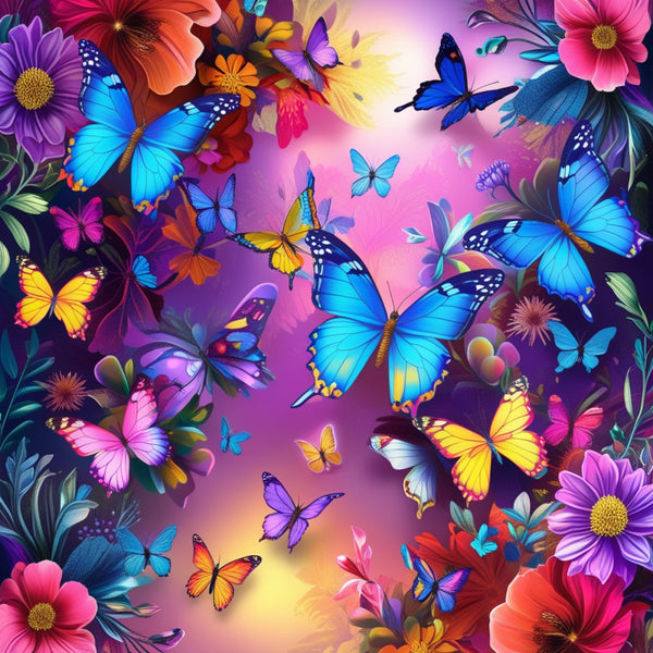butterflies, floral pattern, vibrant colors, purple background, blue morpho, yellow butterflies, pink flowers, orange blooms, fantasy art, digital illustration, nature theme, tropical butterflies, colorful wings, garden scene,, fabric panel, bright hues, whimsical design, spring motifs, decorative butterflies