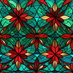 stained glass, christmas pattern,, fabric panel, floral motifs, poinsettia flowers, emerald green, crimson red, golden yellow, turquoise blue, geometric segments, leadlight style, festive design, holiday fabric, decorative pattern, botanical elements, vibrant colors, mosaic effect, seasonal motif, crafting material