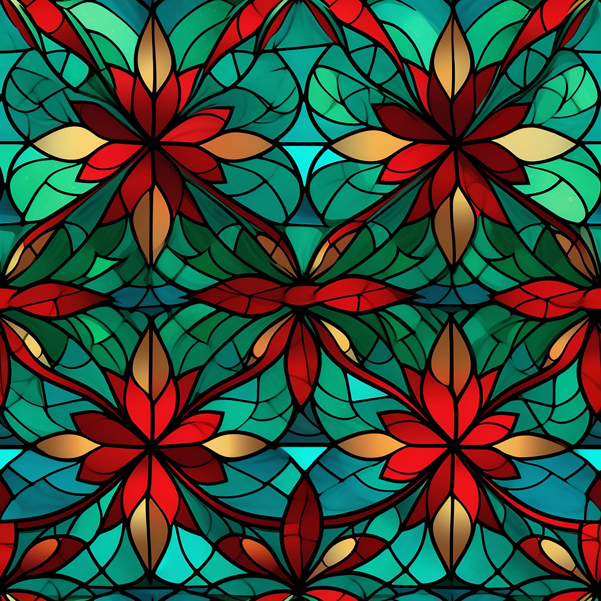 stained glass, christmas pattern,, fabric panel, floral motifs, poinsettia flowers, emerald green, crimson red, golden yellow, turquoise blue, geometric segments, leadlight style, festive design, holiday fabric, decorative pattern, botanical elements, vibrant colors, mosaic effect, seasonal motif, crafting material