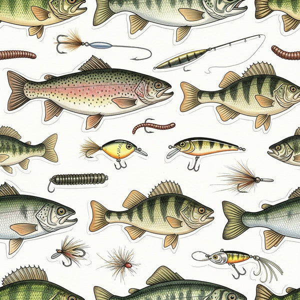 fishing, fish, trout, bass, lures, fishing lures, hooks, worms, bait, tackle, sportsman, outdoor, nature, animals, aquatic, water, woodland, rustic, vintage, cream, tan, brown, olive green, forest green, gold, cream white, realistic, detailed, boys, men