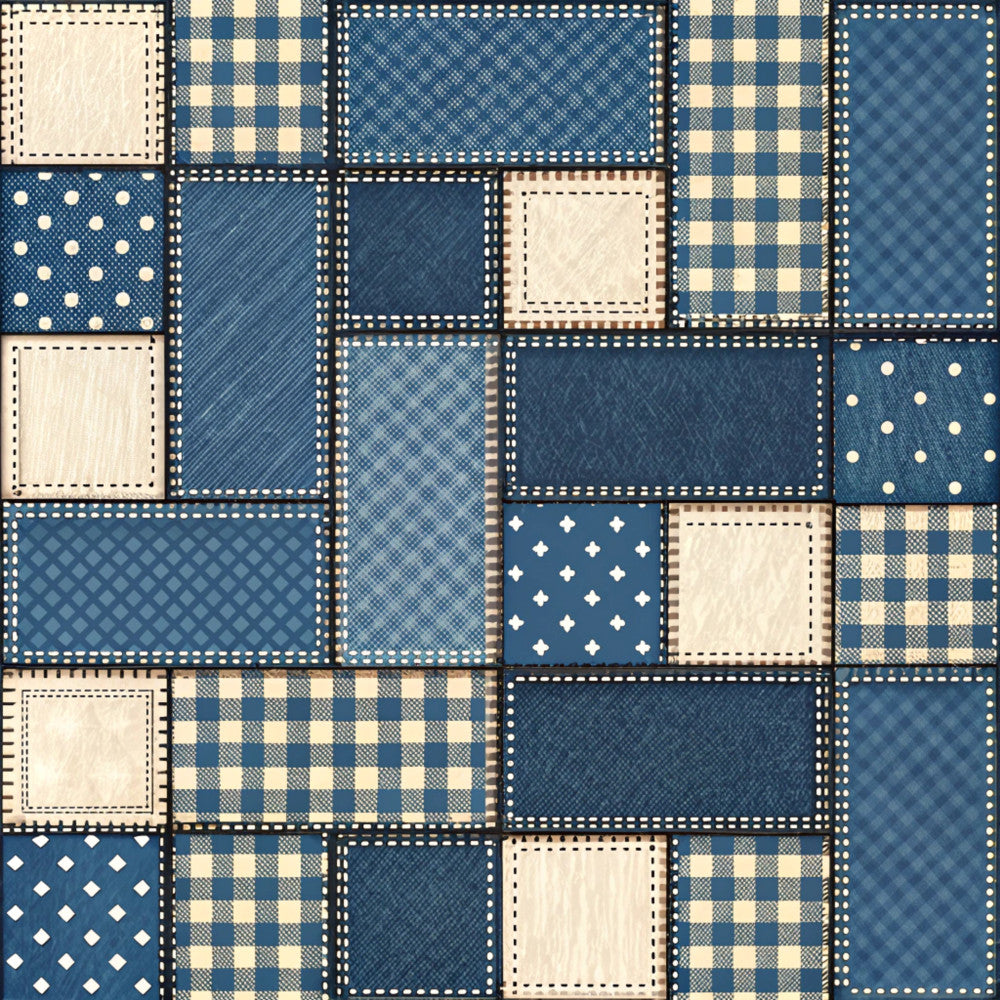 navy blue, cream, white, geometric, patchwork, plaid, checkered, polka dot, diamond pattern, quilted, traditional, rustic, farmhouse, vintage, four-patch, cottage style, gingham, classic, americana, timeless, country, coordinating prints, mixed patterns, home decor, cozy, warm, heritage print, blue and cream, layered design