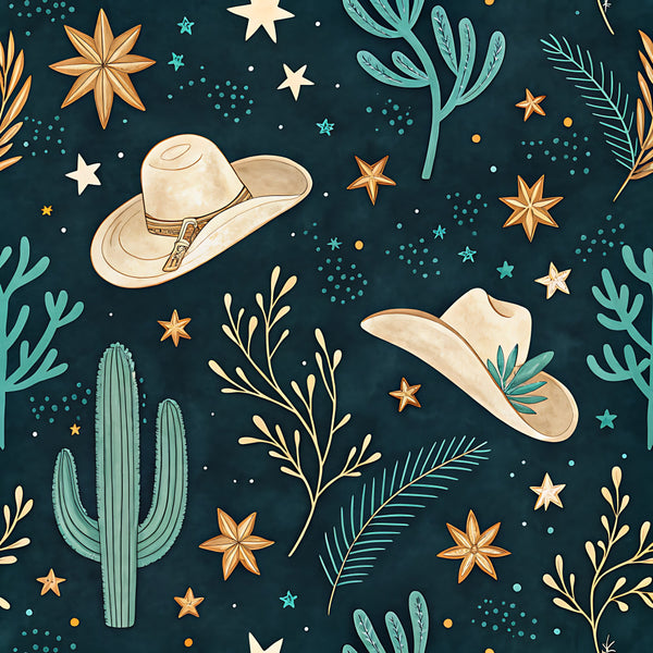 navy blue, teal, cream, golden orange, western, cowboy, stars, celestial, cactus, desert, whimsical, bohemian, rustic, southwestern, night sky, starry, botanical, wildflowers, sage green, cream stars, gold stars, kids room, playroom, nursery, adventure theme, nature inspired, folk art, boho chic, stargazing, desert plants