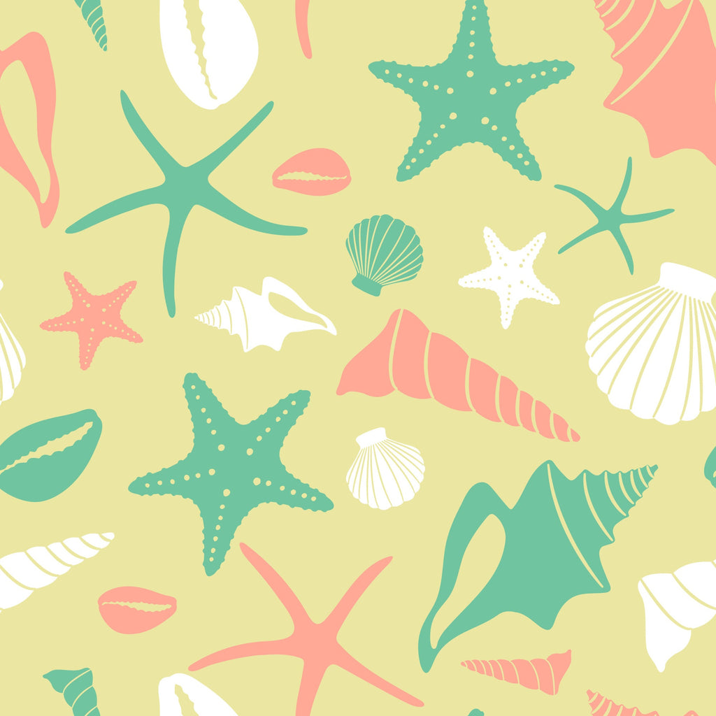 sea shells, starfish, coral pink, teal green, cream yellow, ocean theme, beach motif, seashells scattered, marine life, coastal design, boho style,, fabric panel, summer vibes, nautical elements, soft pastels, repeating pattern, whimsical illustration, seaside treasures