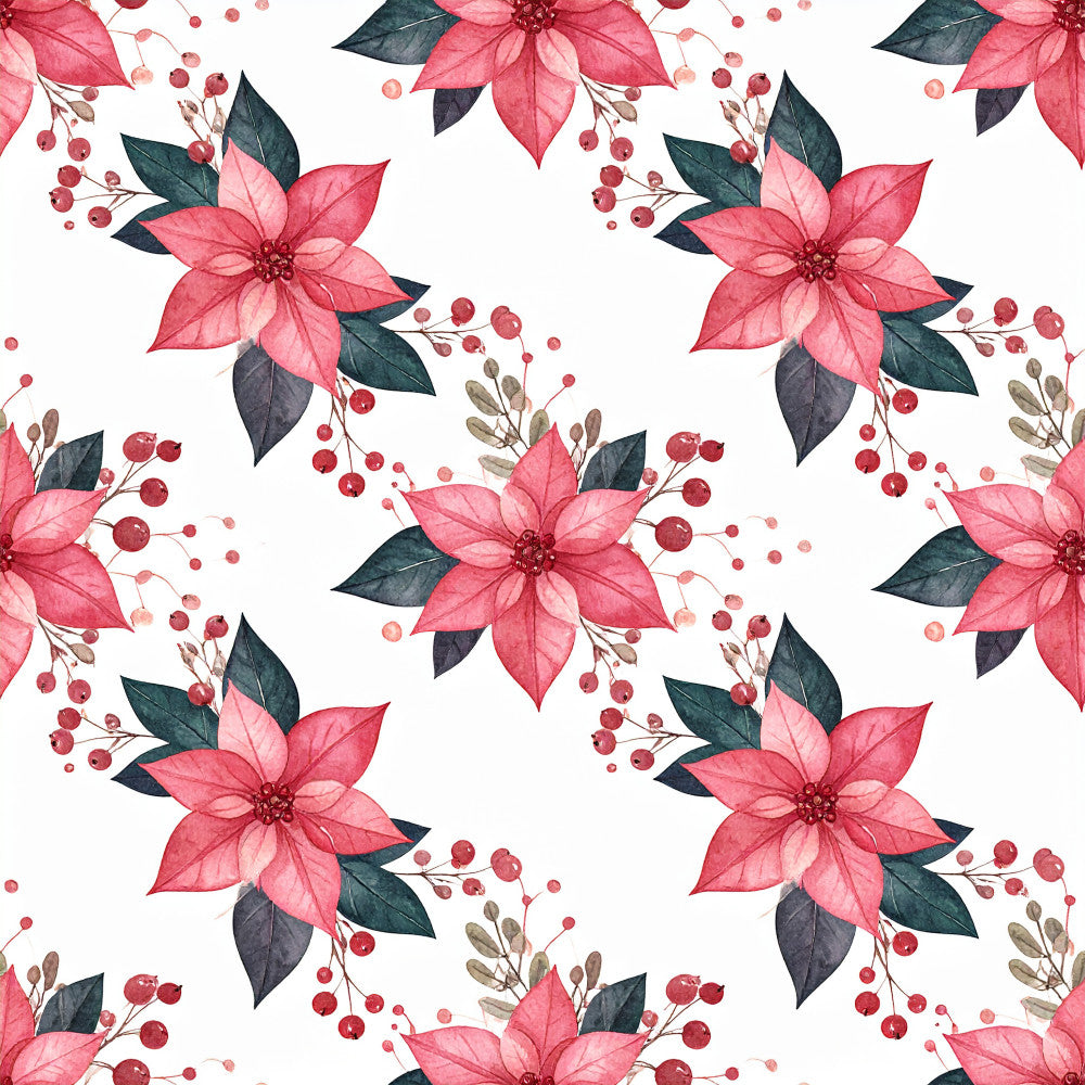 coral pink, dusty rose, crimson red, dark teal, forest green, cream white, floral, poinsettia, winter florals, holiday, christmas, berries, botanical, elegant, romantic, festive, nature, seasonal, traditional, decorative, red flowers, green leaves, berry clusters, winter holiday, christmas décor, celebration, vibrant florals, classic floral pattern