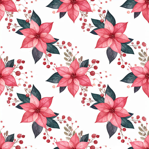 coral pink, dusty rose, crimson red, dark teal, forest green, cream white, floral, poinsettia, winter florals, holiday, christmas, berries, botanical, elegant, romantic, festive, nature, seasonal, traditional, decorative, red flowers, green leaves, berry clusters, winter holiday, christmas décor, celebration, vibrant florals, classic floral pattern
