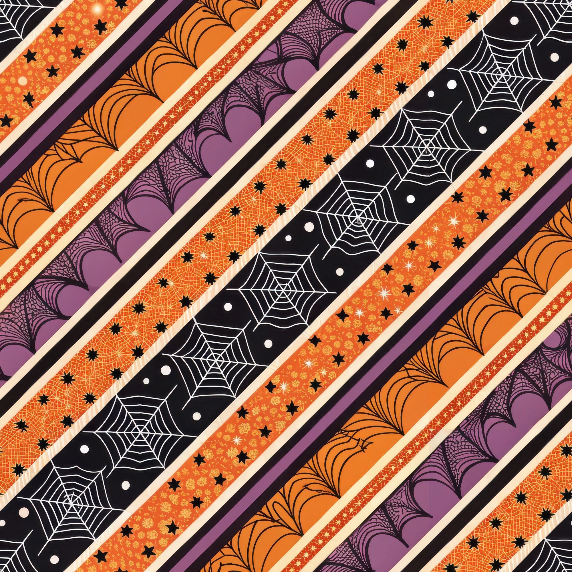 orange, purple, black, cream, diagonal stripes, spider webs, stars, bat wings, halloween themed,, fabric panel, spooky patterns, autumn colors, geometric designs, seasonal motifs, gothic elements, festive stripes, coordinating prints, craft fabric, patchwork material