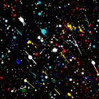 black background, multicolored splatters, paint splatter pattern, white dots, red circles, blue accents, yellow splashes, green spots, purple elements, cyan details, orange droplets, pink specks, abstract design, artistic pattern, modern style, vibrant colors,, fabric panel, contemporary art, scattered dots
