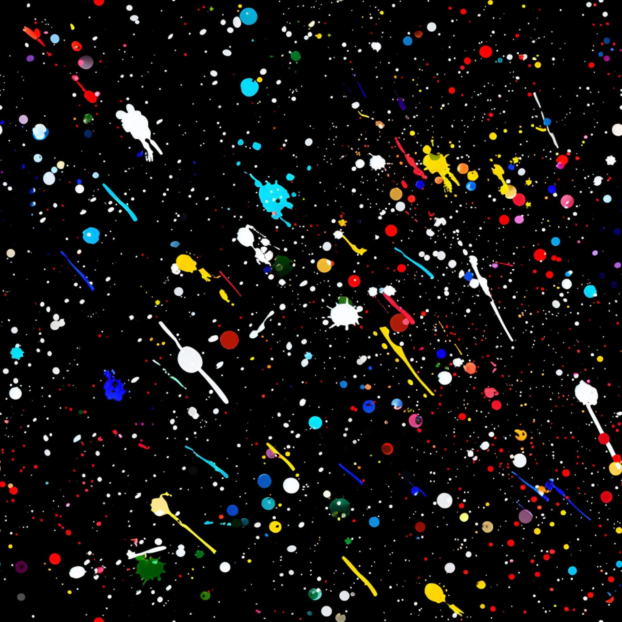 black background, multicolored splatters, paint splatter pattern, white dots, red circles, blue accents, yellow splashes, green spots, purple elements, cyan details, orange droplets, pink specks, abstract design, artistic pattern, modern style, vibrant colors,, fabric panel, contemporary art, scattered dots