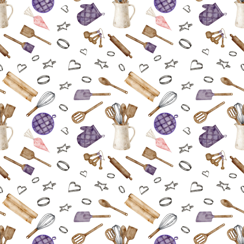 watercolor, baking pattern, kitchen utensils, rolling pin, whisk, measuring spoons, cookie cutters, oven mitt, quilted pattern, purple accents, brown tones, beige colors, pink highlights, cooking theme, culinary design, seamless repeat, cotton fabric, quilting panel, kitchen accessories, baking tools
