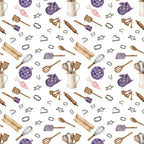 watercolor, baking pattern, kitchen utensils, rolling pin, whisk, measuring spoons, cookie cutters, oven mitt, quilted pattern, purple accents, brown tones, beige colors, pink highlights, cooking theme, culinary design, seamless repeat, cotton fabric, quilting panel, kitchen accessories, baking tools