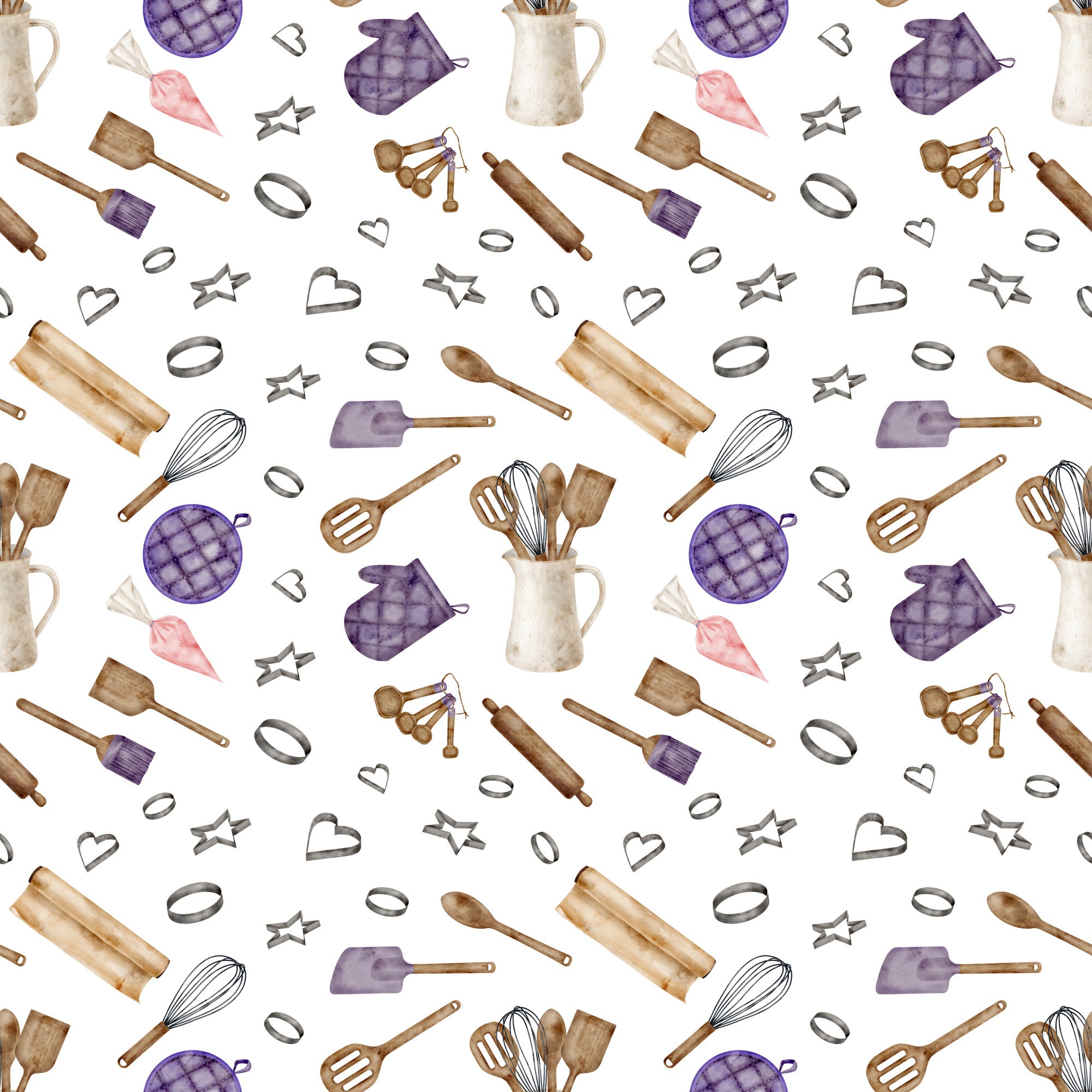 watercolor, baking pattern, kitchen utensils, rolling pin, whisk, measuring spoons, cookie cutters, oven mitt, quilted pattern, purple accents, brown tones, beige colors, pink highlights, cooking theme, culinary design, seamless repeat, cotton fabric, quilting panel, kitchen accessories, baking tools