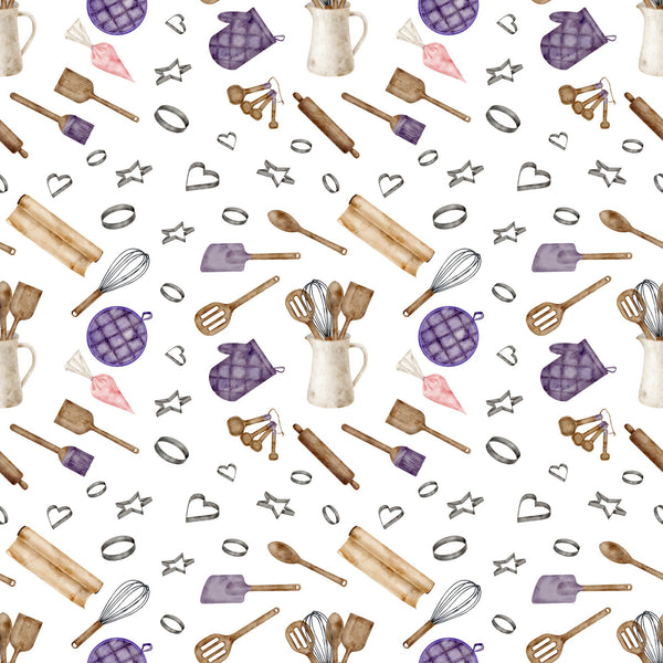 watercolor, baking pattern, kitchen utensils, rolling pin, whisk, measuring spoons, cookie cutters, oven mitt, quilted pattern, purple accents, brown tones, beige colors, pink highlights, cooking theme, culinary design, seamless repeat, cotton fabric, quilting panel, kitchen accessories, baking tools