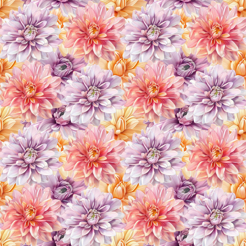 purple dahlia, lavender floral, coral pink, peachy orange, blush pink, cream, pastel flowers, floral pattern, nature, botanical, dahlia flowers, spring, summer, garden flowers, romantic, elegant, whimsical, feminine, colorful blooms, multi-colored flowers, soft colors, watercolor style, nursery, baby girl, home decor, traditional floral, flower petals, full bloom