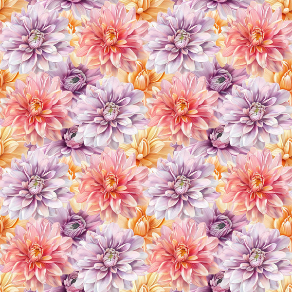 purple dahlia, lavender floral, coral pink, peachy orange, blush pink, cream, pastel flowers, floral pattern, nature, botanical, dahlia flowers, spring, summer, garden flowers, romantic, elegant, whimsical, feminine, colorful blooms, multi-colored flowers, soft colors, watercolor style, nursery, baby girl, home decor, traditional floral, flower petals, full bloom