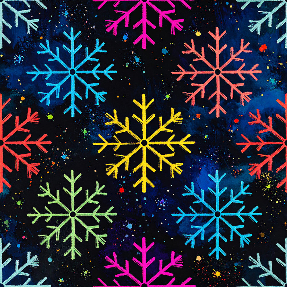 neon snowflakes, bright cyan, hot pink, coral orange, yellow, lime green, navy blue, black background, geometric snowflakes, winter, christmas, holiday, celestial, modern, whimsical, playful, colorful, neon, glow-in-the-dark aesthetic, winter wonderland, festive, kids room, playroom, nursery, boys, girls, vibrant colors, fun pattern, seasonal, cold weather theme
