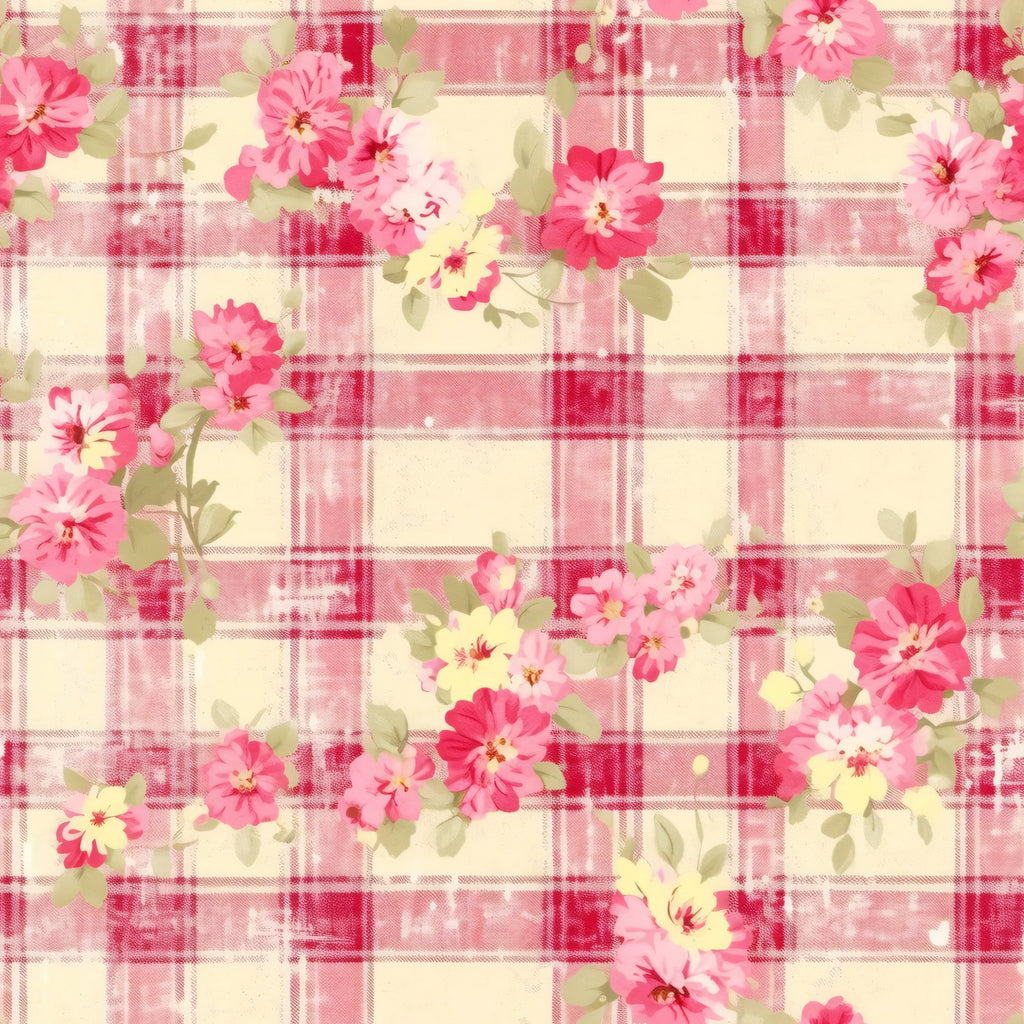 pink, coral, cream, ivory, green, plaid pattern, floral motifs, checkered background, roses, blooms, country style, cottage core, feminine, romantic,, fabric panel, soft pastels, vintage inspired, shabby chic, spring flowers
