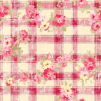 pink, coral, cream, ivory, green, plaid pattern, floral motifs, checkered background, roses, blooms, country style, cottage core, feminine, romantic,, fabric panel, soft pastels, vintage inspired, shabby chic, spring flowers