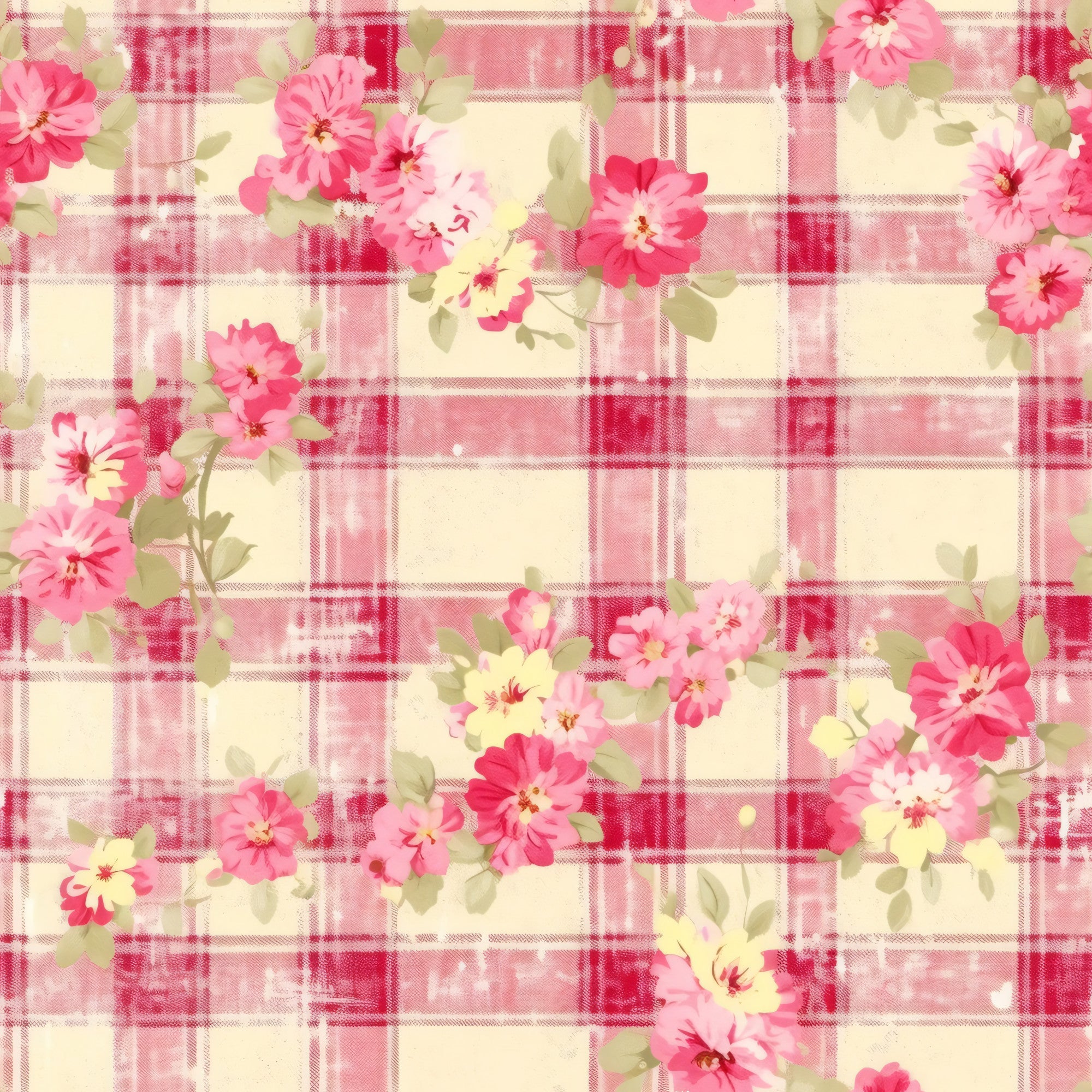 pink, coral, cream, ivory, green, plaid pattern, floral motifs, checkered background, roses, blooms, country style, cottage core, feminine, romantic,, fabric panel, soft pastels, vintage inspired, shabby chic, spring flowers