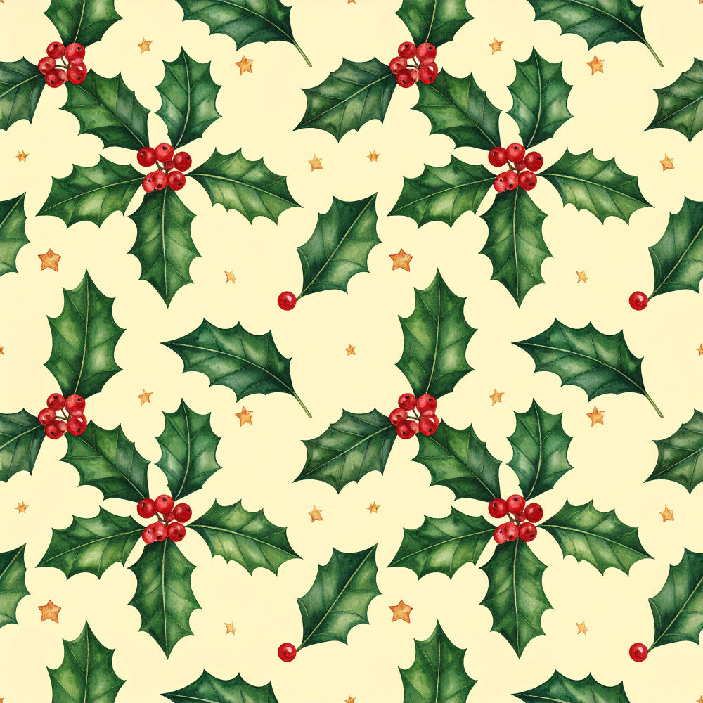 holly, red berries, green leaves, cream background, ivory, forest green, bright red, gold stars, christmas, holiday, festive, winter, traditional, whimsical, nature-inspired, botanical, seasonal, decorative stars, classic holiday, elegant, vintage-inspired, kids room, nursery, playroom, baby gift, children's fabric, christmas decor, holly berries, sparkly, starry