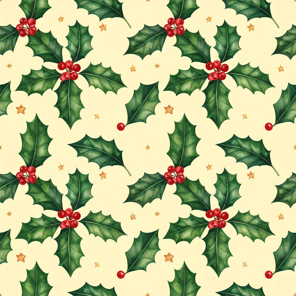 holly, red berries, green leaves, cream background, ivory, forest green, bright red, gold stars, christmas, holiday, festive, winter, traditional, whimsical, nature-inspired, botanical, seasonal, decorative stars, classic holiday, elegant, vintage-inspired, kids room, nursery, playroom, baby gift, children's fabric, christmas decor, holly berries, sparkly, starry