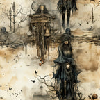 sepia tones, beige, brown, black, gothic witches, mysterious figures, bare trees, ravens, birds, wooden gallows, hanging nooses, dark fantasy, eerie atmosphere, halloween theme, spooky design, occult imagery, witchy aesthetic,, fabric panel, gothic art style