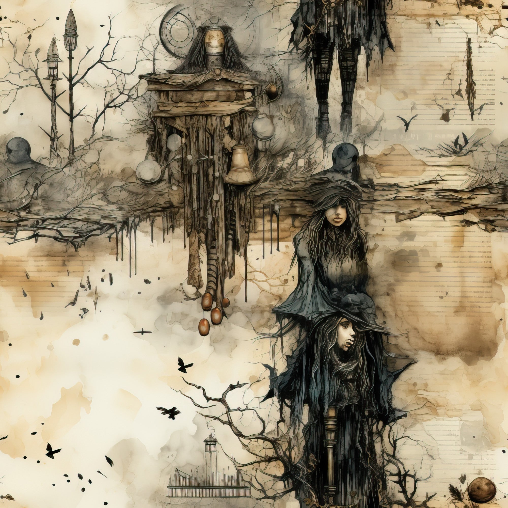 sepia tones, beige, brown, black, gothic witches, mysterious figures, bare trees, ravens, birds, wooden gallows, hanging nooses, dark fantasy, eerie atmosphere, halloween theme, spooky design, occult imagery, witchy aesthetic,, fabric panel, gothic art style