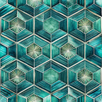teal, turquoise, emerald green, hexagonal pattern, geometric design, art deco style, sunburst motifs, radiating lines, three dimensional cubes, optical illusion,, fabric panel, luxury aesthetic, sophisticated pattern, jewel tones, repeating motifs, angular geometry, vintage inspired, metallic accents, tessellated design