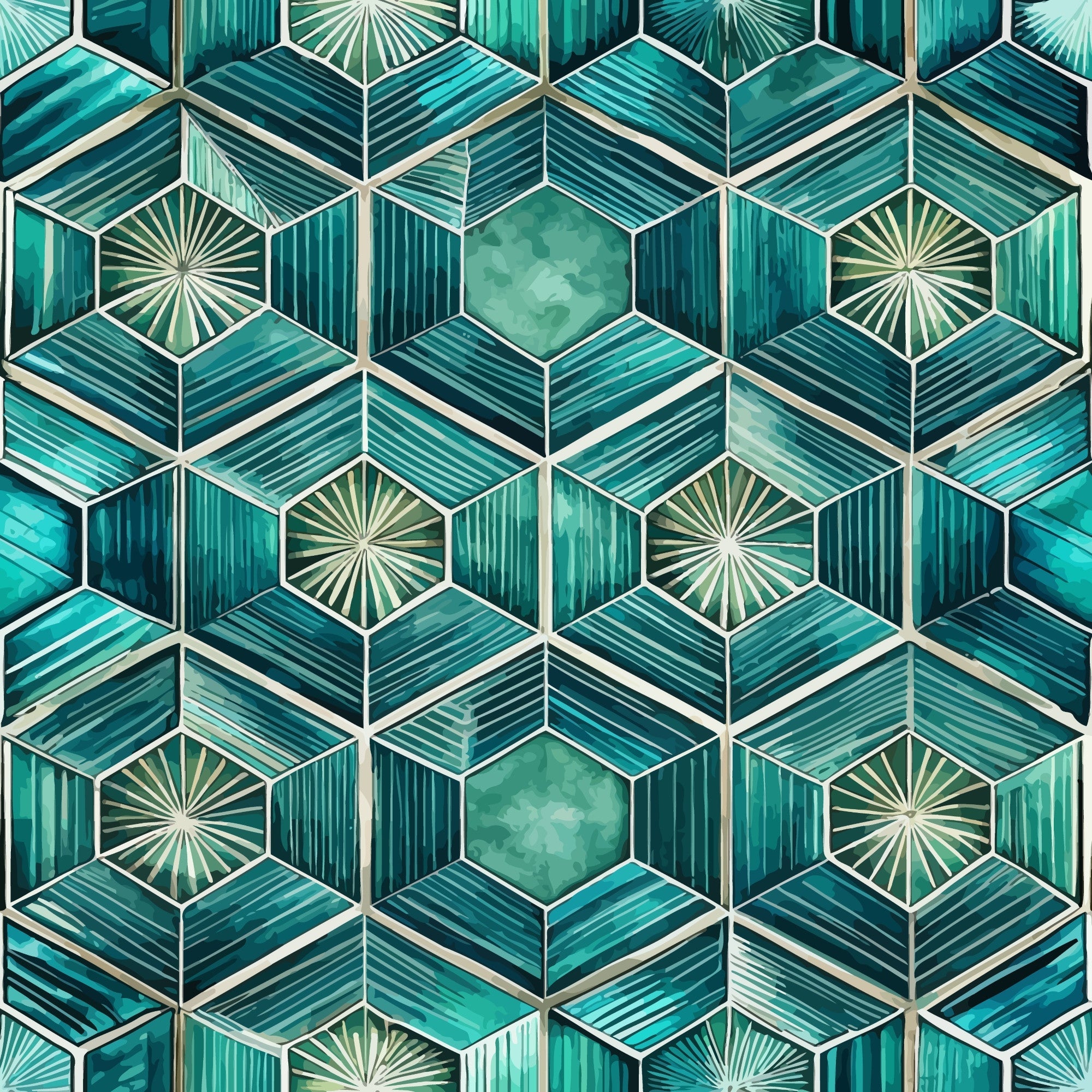 teal, turquoise, emerald green, hexagonal pattern, geometric design, art deco style, sunburst motifs, radiating lines, three dimensional cubes, optical illusion,, fabric panel, luxury aesthetic, sophisticated pattern, jewel tones, repeating motifs, angular geometry, vintage inspired, metallic accents, tessellated design