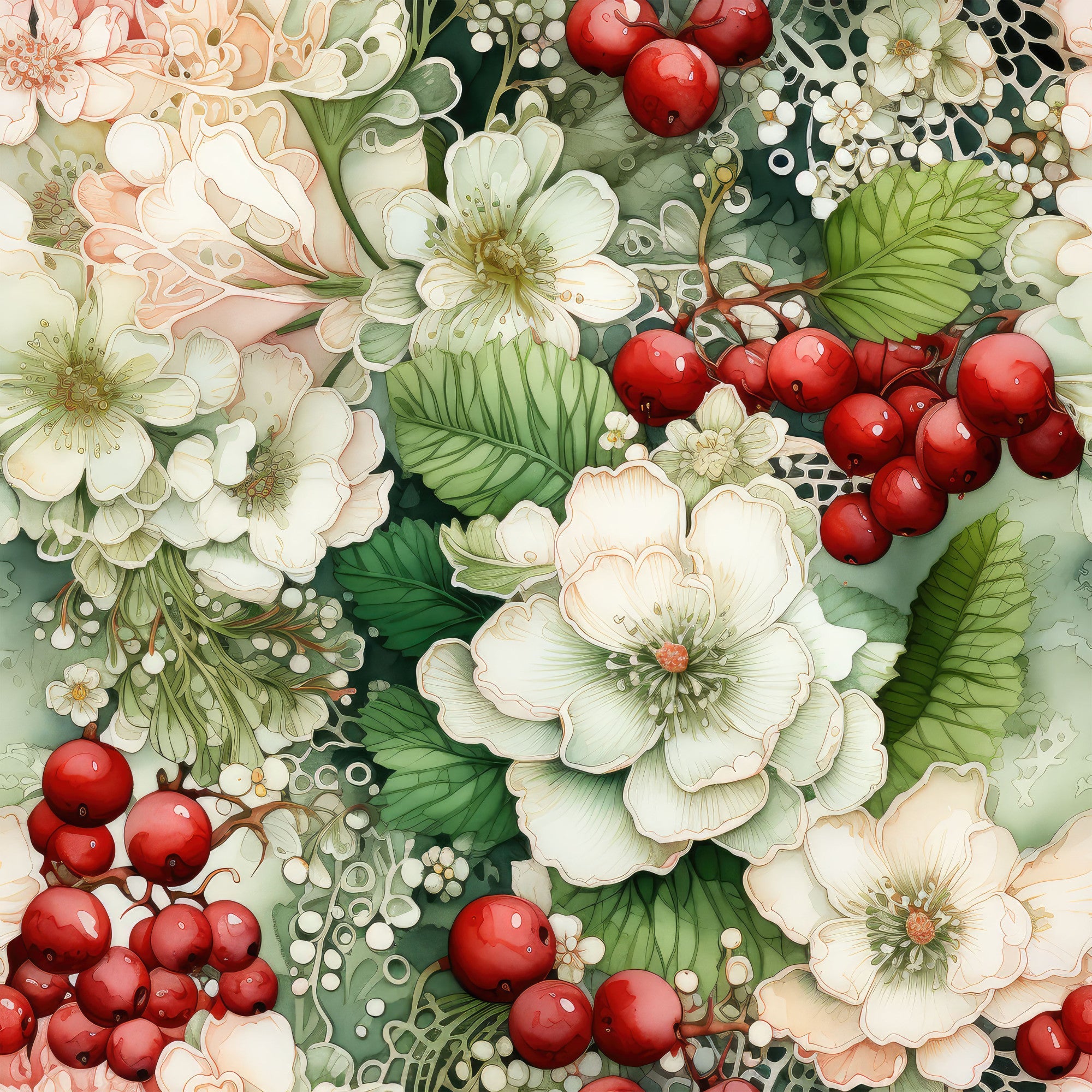 christmas florals,, fabric panel, red berries, white flowers, green leaves, floral pattern, holiday botanicals, cranberries, winter blooms, festive design, botanical illustration, seasonal motif, cream petals, evergreen foliage, holly berries, christmas roses, watercolor style, soft pastels, holiday quilting