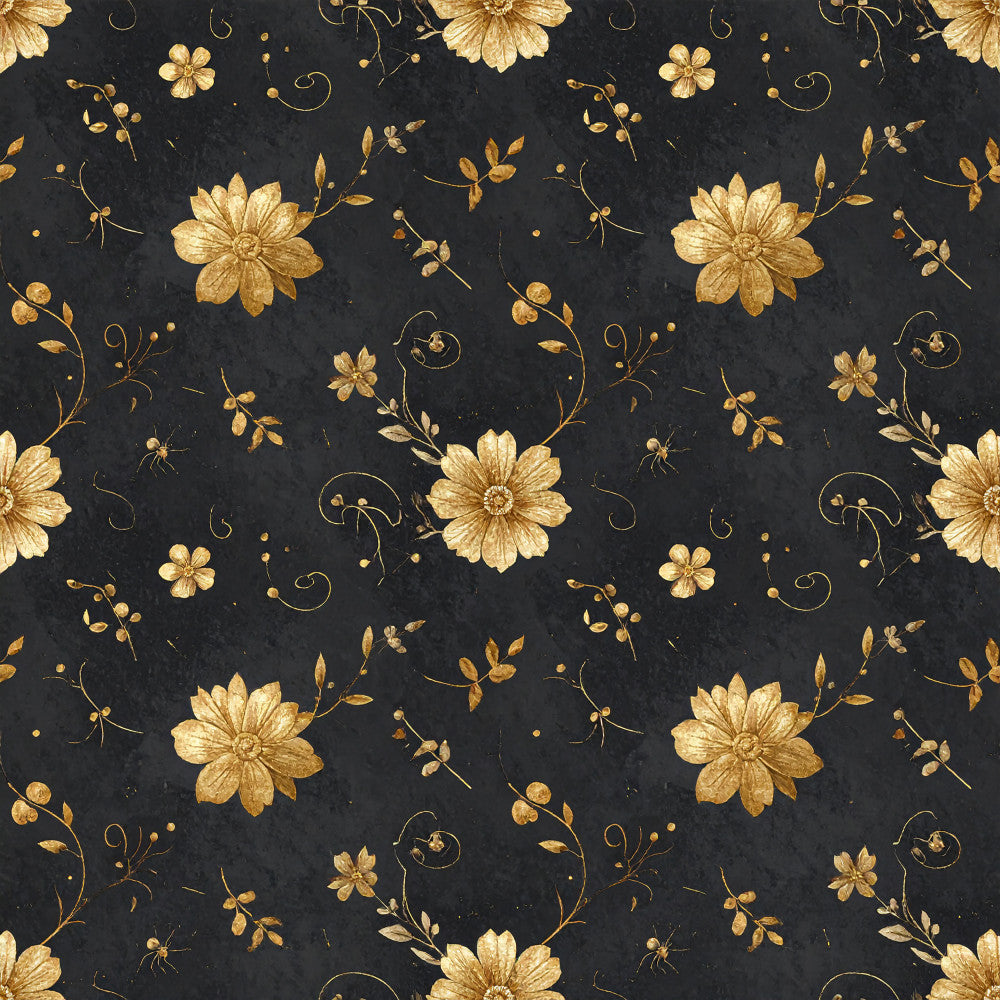 gold floral, black background, metallic gold, elegant, vintage, botanical, daisy, flowers, leaves, scrolls, ornate, luxe, sophisticated, dark academia, classic, traditional, nature, garden, botanical print, decorative, detailed florals, golden yellow, charcoal black, timeless, upscale, ornamental vines, curling stems, small florals, mixed florals