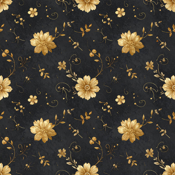 gold floral, black background, metallic gold, elegant, vintage, botanical, daisy, flowers, leaves, scrolls, ornate, luxe, sophisticated, dark academia, classic, traditional, nature, garden, botanical print, decorative, detailed florals, golden yellow, charcoal black, timeless, upscale, ornamental vines, curling stems, small florals, mixed florals