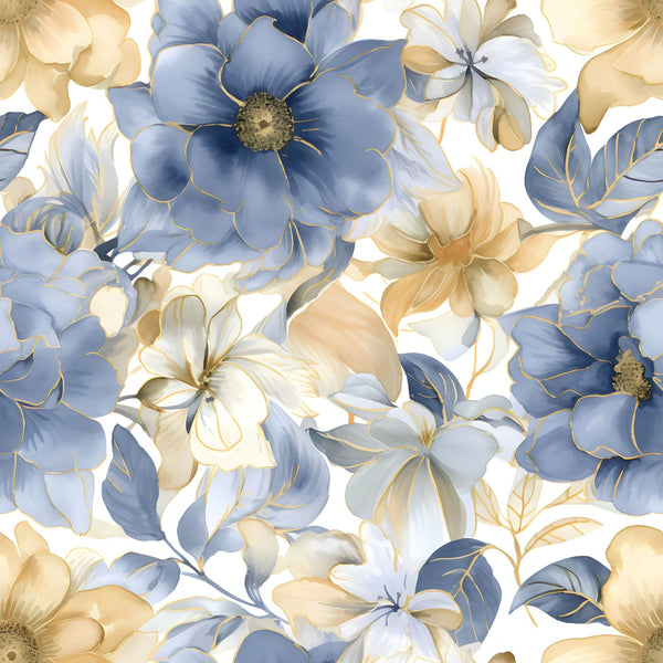 blue flowers, gold flowers, cream petals, dusty blue, golden yellow, floral pattern, botanical design, large blooms, leaves, elegant florals,, fabric panel, watercolor style, soft pastels, nature motif, romantic florals, feminine design, seamless pattern, decorative flowers, artistic blooms