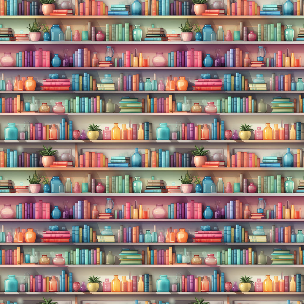 bookshelf pattern,, fabric panel, colorful books, ceramic vases, potted plants, library scene, teal blue, coral pink, purple, orange, yellow, green, repeated motif, decorative objects, cozy atmosphere, reading theme, bright colors, literary design, educational motif