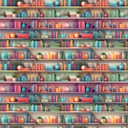bookshelf pattern,, fabric panel, colorful books, ceramic vases, potted plants, library scene, teal blue, coral pink, purple, orange, yellow, green, repeated motif, decorative objects, cozy atmosphere, reading theme, bright colors, literary design, educational motif