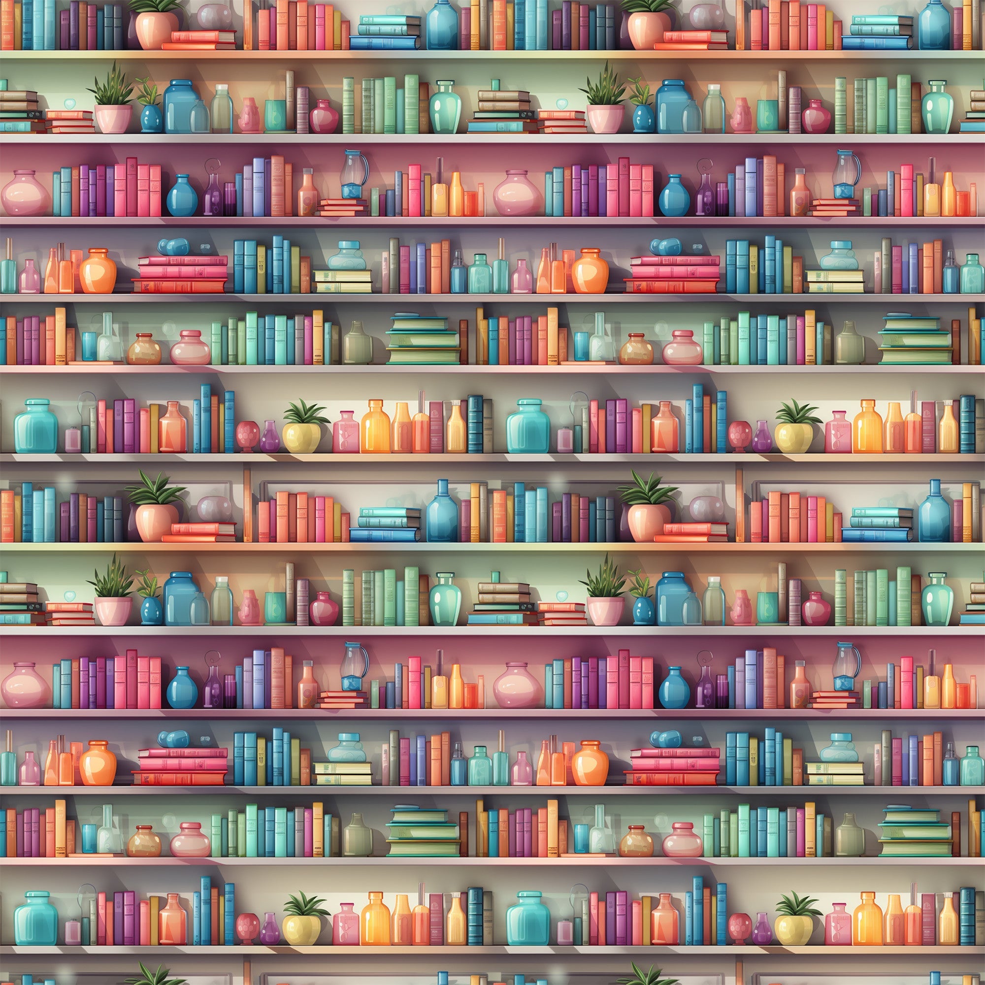bookshelf pattern,, fabric panel, colorful books, ceramic vases, potted plants, library scene, teal blue, coral pink, purple, orange, yellow, green, repeated motif, decorative objects, cozy atmosphere, reading theme, bright colors, literary design, educational motif